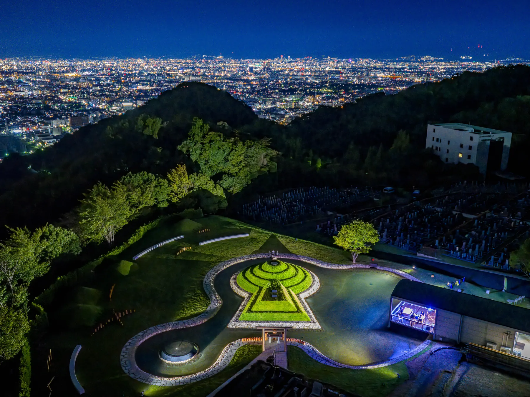 AERIAL — Garden at night